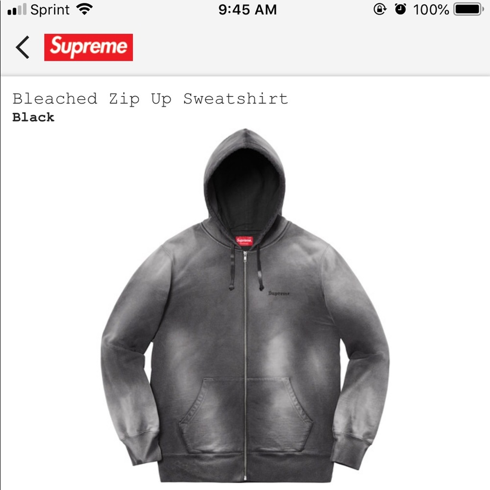 NWT Supreme Bleached Zip-Up Hooded Sweatshirt